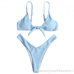 ZAFUL Women's Spaghetti Strap Ribbed Tie Knot Front High Cut Bikini Set Light Blue B07D4HT6XW
